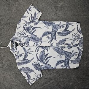 Fried Denim Shirt‎ Mens Large White Casual Leaf Print Short Sleeve Resort Trendy